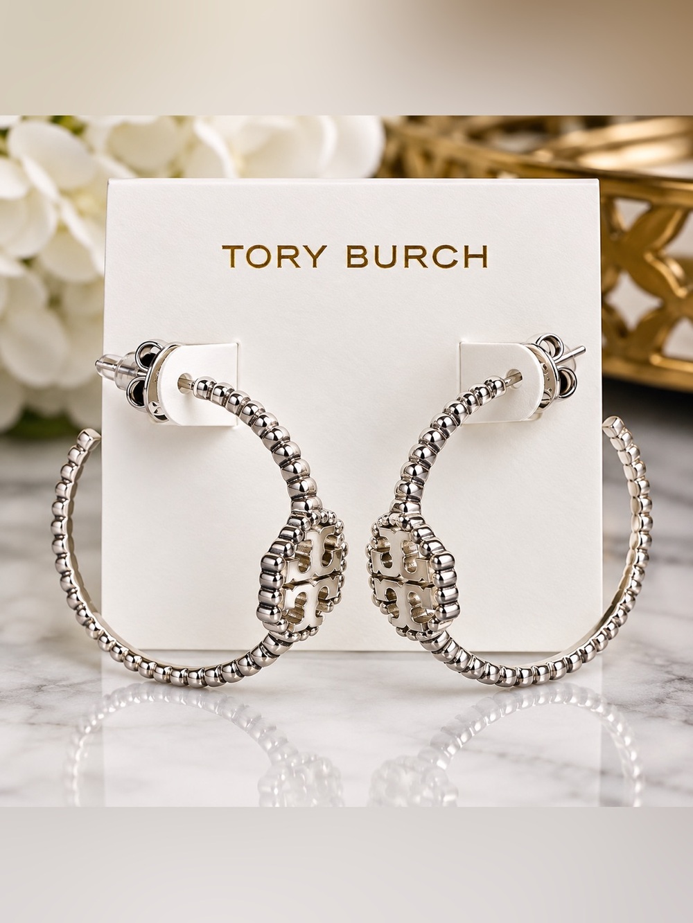 Tory Burch Silver Tone Double T Logo Statement Hoop Earrings